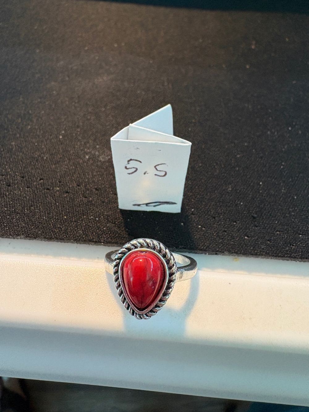 Sterling-Style Red Teardrop Stone Ring - Size 5.5